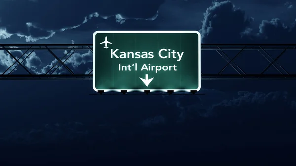 Kansas City USA Airport Highway Sign at Night — Stock Photo, Image