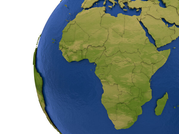 Africa on detailed model of planet Earth with visible country borders on green land and waves on the ocean waters.