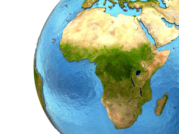 Africa on detailed model of planet Earth with continents lifted above blue ocean waters. Elements of this image furnished by NASA.