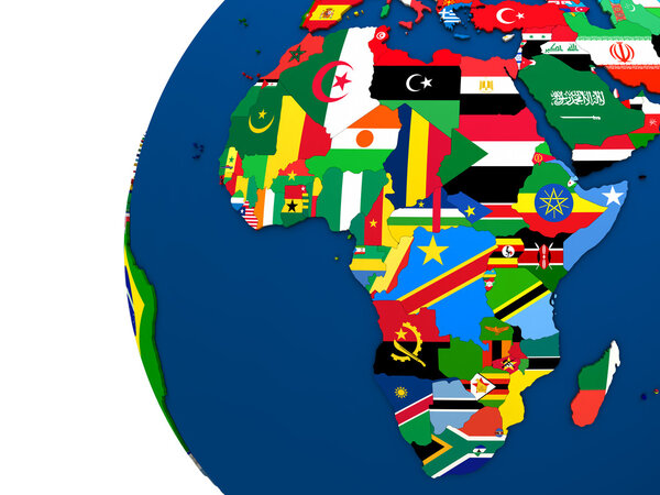 Political map of Africa with each country represented by its national flag. 3D Illustration.