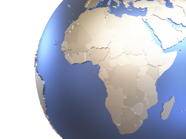 Africa on metallic model of planet Earth with embossed continents and visible country borders. 3D rendering.