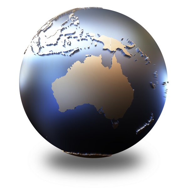 Australia on metallic model of planet Earth with embossed continents and visible country borders. 3D illustration isolated on white background with shadow.