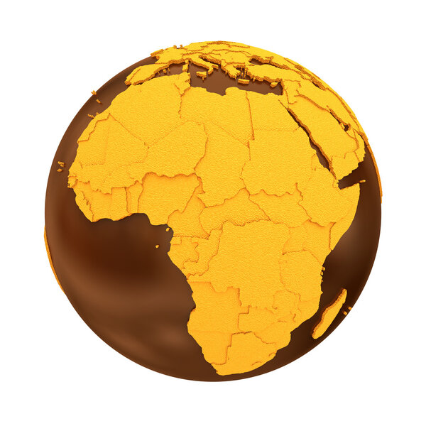 Africa on chocolate model of planet Earth. Sweet crusty continents with embossed countries and oceans made of dark chocolate. 3D illustration isolated on white background.