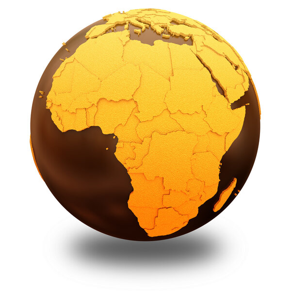 Africa on chocolate model of planet Earth. Sweet crusty continents with embossed countries and oceans made of dark chocolate. 3D illustration isolated on white background with shadow.