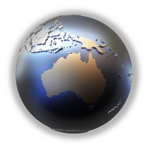 Australia on elegant metallic model of planet Earth with blue ocean and shiny embossed continents with visible country borders. 3D illustration isolated on white background.