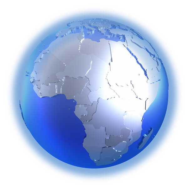 Africa on bright metallic model of planet Earth with blue ocean and shiny embossed continents with visible country borders. 3D illustration isolated on white background.