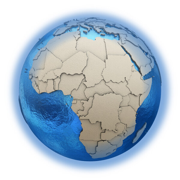 Africa on 3D model of blue Earth with embossed countries and blue ocean. 3D illustration isolated on white background.