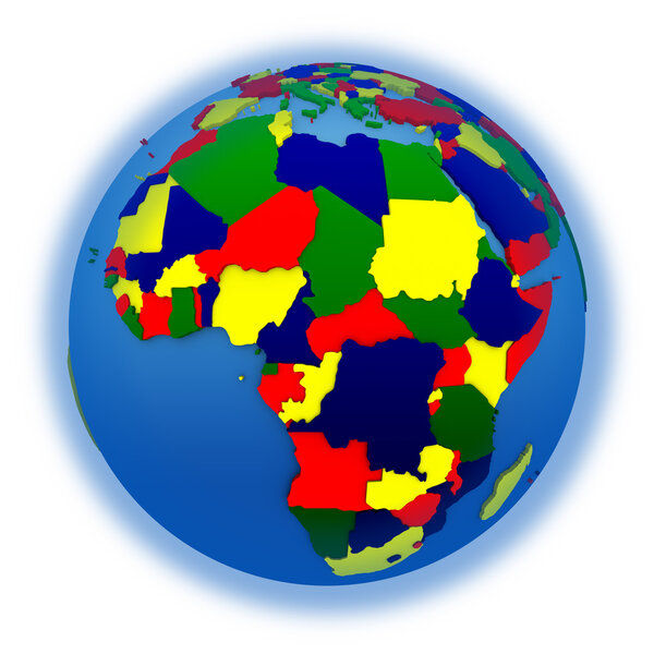 Africa on political 3D model of Earth with embossed continents and countries in various colors. 3D illustration isolated on white background.