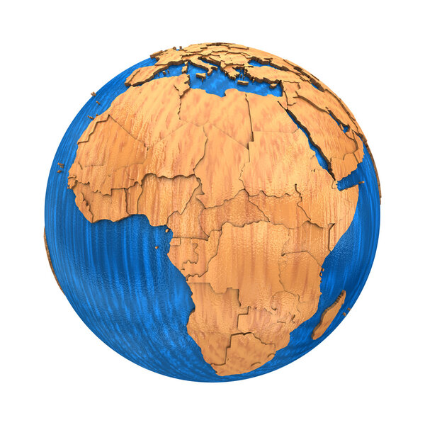 Africa on wooden model of planet Earth with embossed continents and visible country borders. 3D illustration isolated on white background.