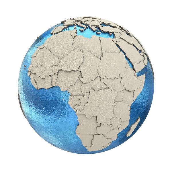 Africa on 3D model of blue Earth with embossed countries and blue ocean. 3D illustration isolated on white background.