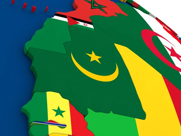 Mauritania on globe with flags — Stock Photo, Image