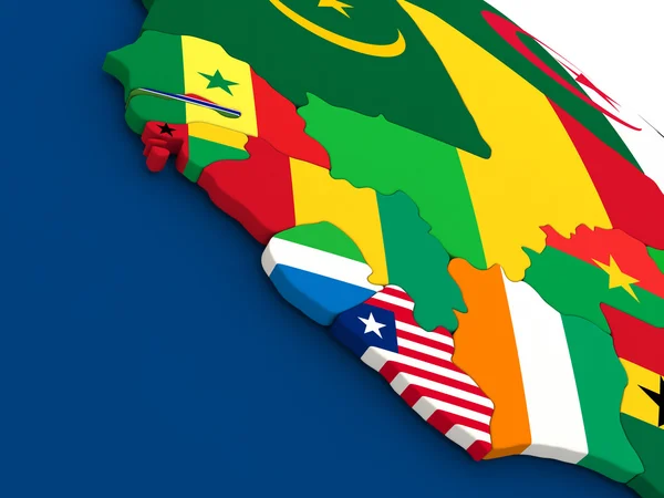 Liberia, Sierra Leone e Guinea sul globo con bandiere — Foto Stock