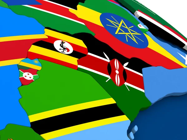 Kenya, Uganda, Rwanda and Burundi on globe with flags — Stock Photo, Image