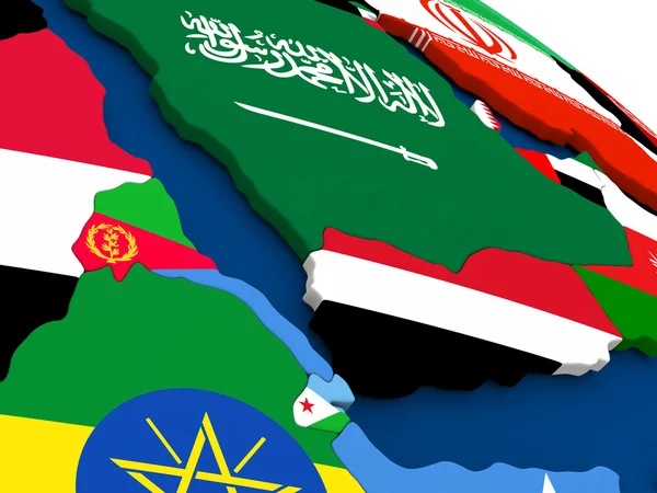 Yemen, Eritrea and Djibouti on globe with flags — Stock Photo, Image