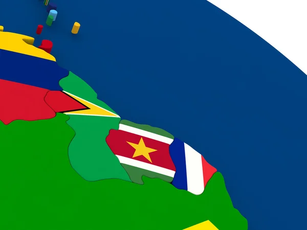 Guiana, Suriname e Guiana Francesa no mundo com bandeiras — Fotografia de Stock