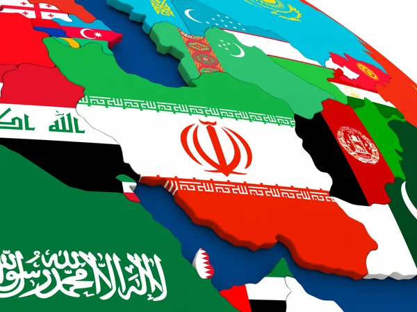 Iran auf globus mit fahnen — Stockfoto