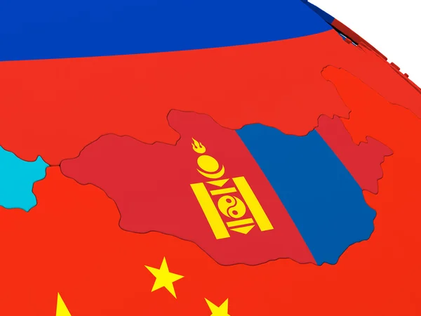 Монголія на земній кулі з прапорами — стокове фото