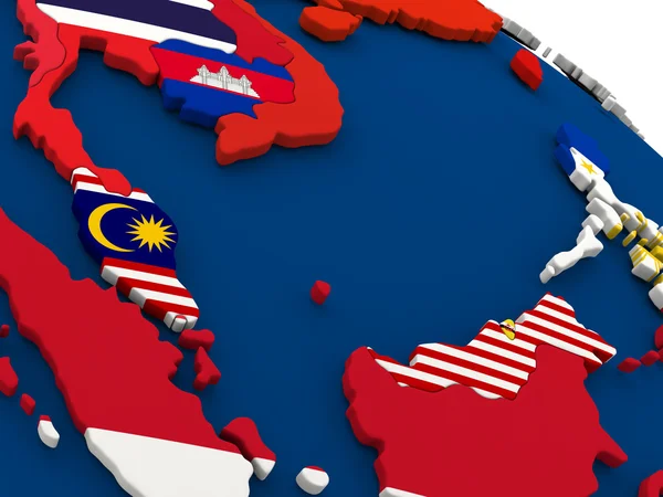 Malaysia auf Globus mit Flaggen — Stockfoto