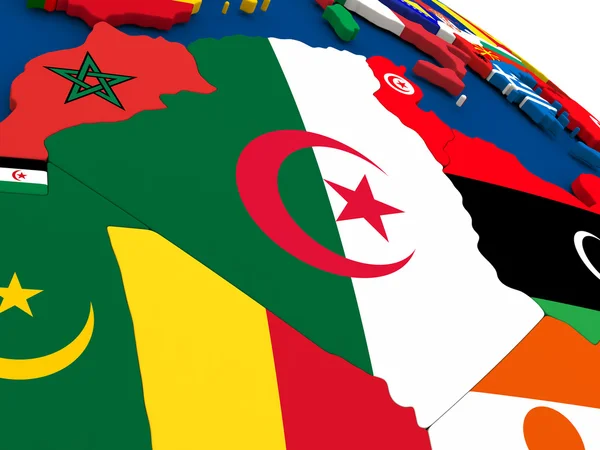 Algerien auf Globus mit Flaggen — Stockfoto