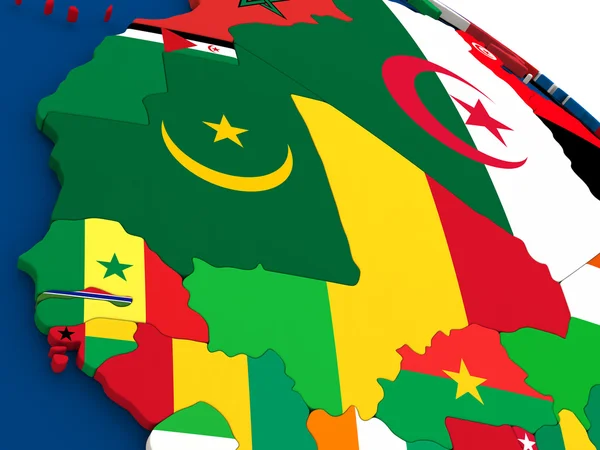 Mali und Senegal auf Globus mit Flaggen — Stockfoto