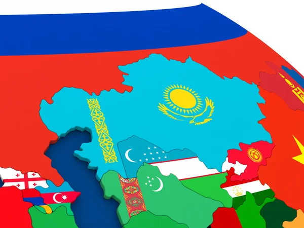 Kazachstan op wereldbol met vlaggen — Stockfoto