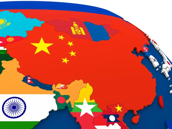 China op wereldbol met vlaggen — Stockfoto