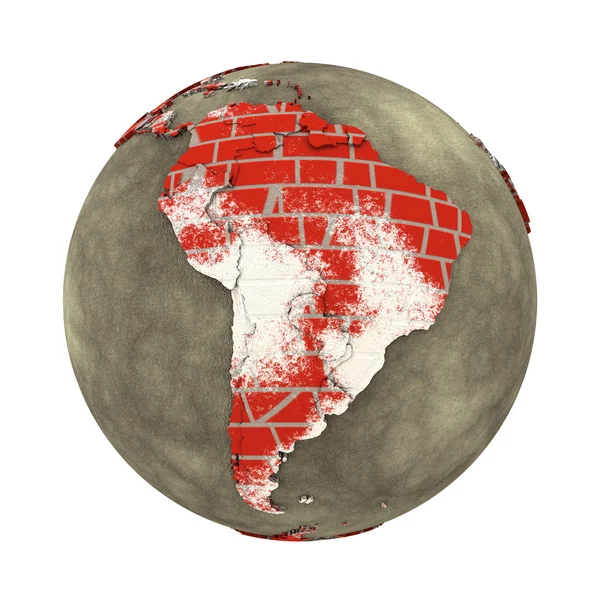 América do Sul na parede de tijolos Terra — Fotografia de Stock
