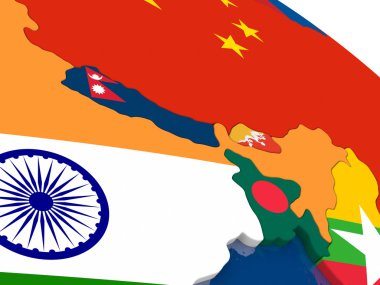 Nepal ve Butan bayraklar ile 3d harita üzerinde