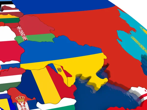 Ukraina na mapie 3d z flagami — Zdjęcie stockowe