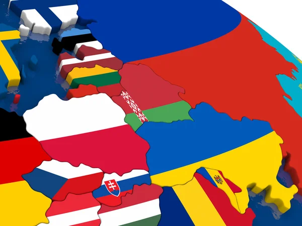 Europa Oriental no mapa 3D com bandeiras — Fotografia de Stock