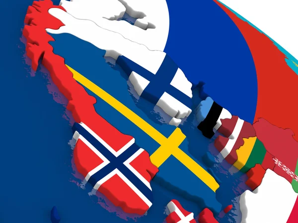 Scandinavie sur carte 3D avec drapeaux — Photo