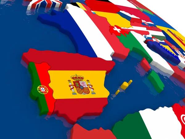 Espagne et Portugal sur carte 3D avec drapeaux — Photo