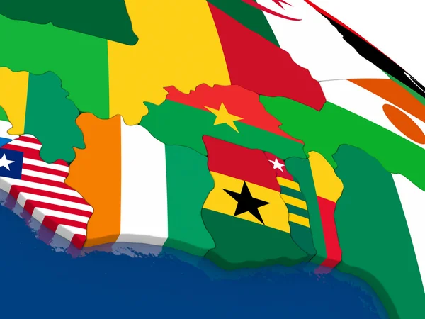 Ivory Coast, Ghana and Burkina Faso on 3D map with flags — Stock Photo, Image