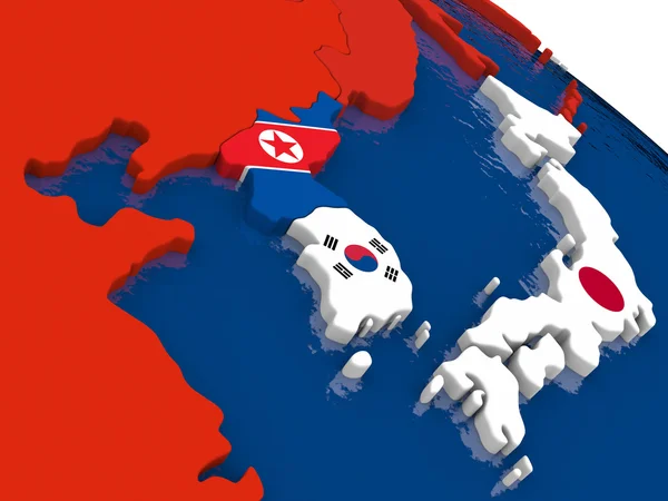 국기가 달린 3D 지도에 한국과 북한 — 스톡 사진