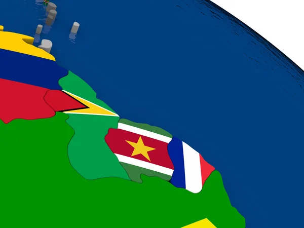 Guynea e Suriname no mapa 3D com bandeiras — Fotografia de Stock