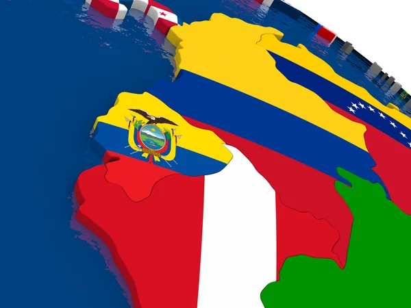 Equateur sur carte 3D avec drapeaux — Photo