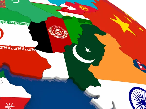 Afghanistan and Pakistan on 3D map with flags — Stock Photo, Image