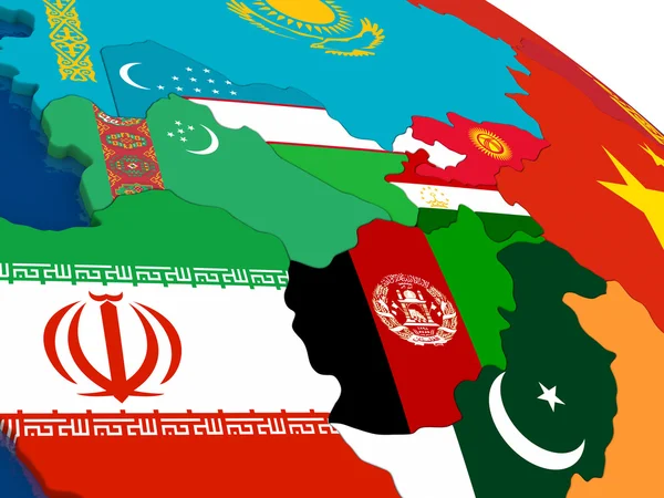 Central Asia on 3D map with flags — Stock Photo, Image