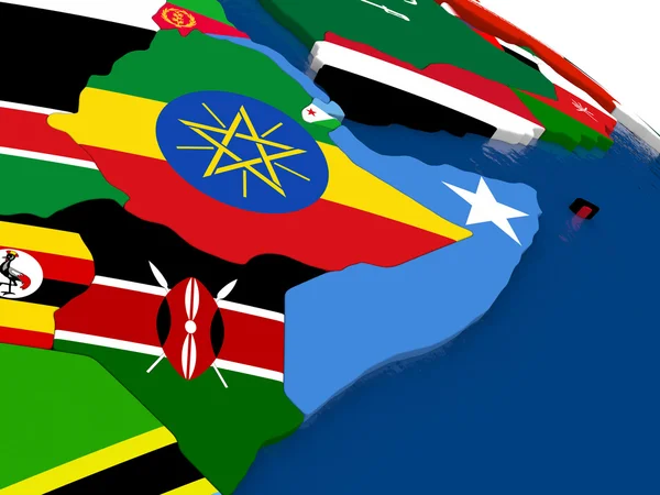 Somalia och Etiopien på 3D-karta med flaggor — Stockfoto