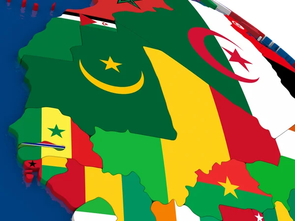 Mali und Senegal auf 3D-Karte mit Flaggen — Stockfoto