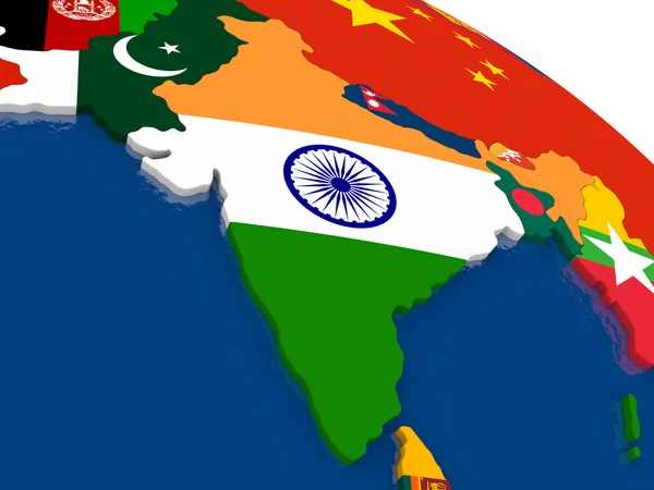 印度在3D地图上与国旗 — 图库照片
