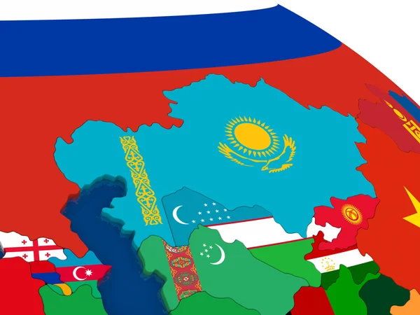 Kazakistan sulla mappa 3D con le bandiere — Foto Stock