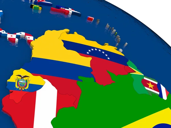 Colombia y Venezuela en el mapa 3D con banderas —  Fotos de Stock