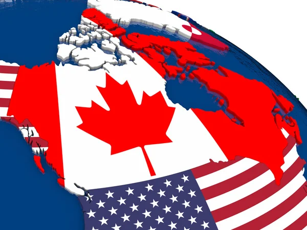 Canadá no mapa 3D com bandeiras — Fotografia de Stock