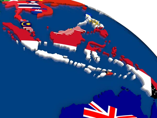 印度尼西亚在3D地图上与旗帜 — 图库照片