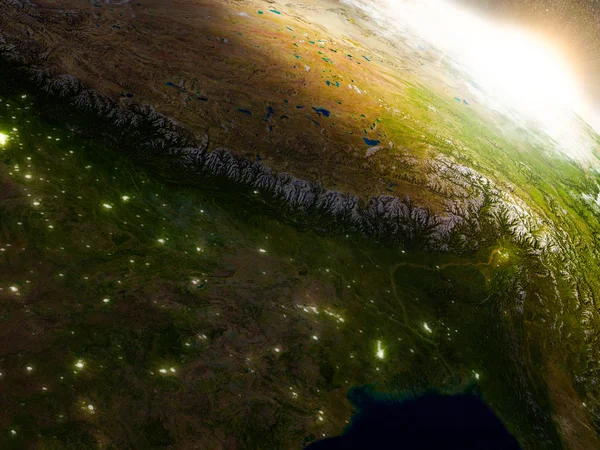 尼泊尔和不丹在日出时从太空 — 图库照片