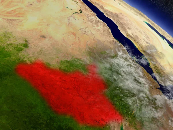 Südsudan aus dem All rot hervorgehoben — Stockfoto