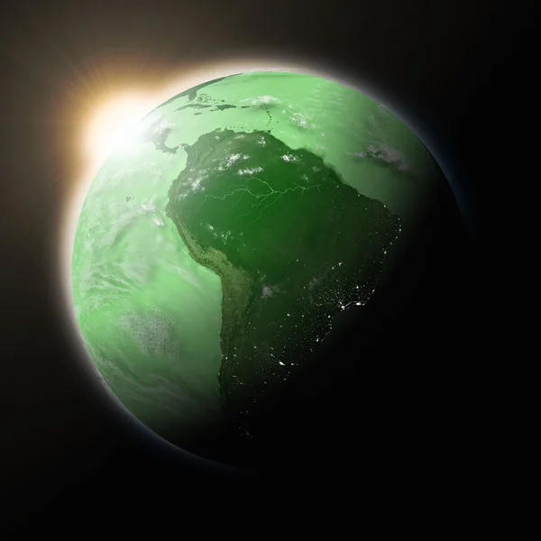 Sun over South America on green planet Earth — Stock Photo, Image