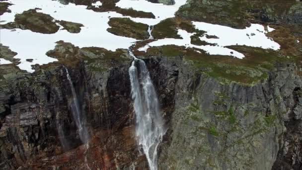 Aerial footage of picturesque tall waterfall in Norway, aerial footage — Stock Video