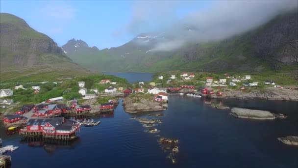 Flying above fishing village on Lofoten islands. — Stock Video